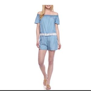 Crown & Ivy Chambray Romper Shorts Off Shoulder
